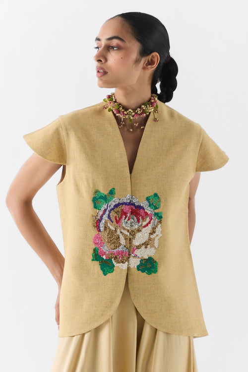 Gold Garden Rose Vest And Dhoti Pants Set