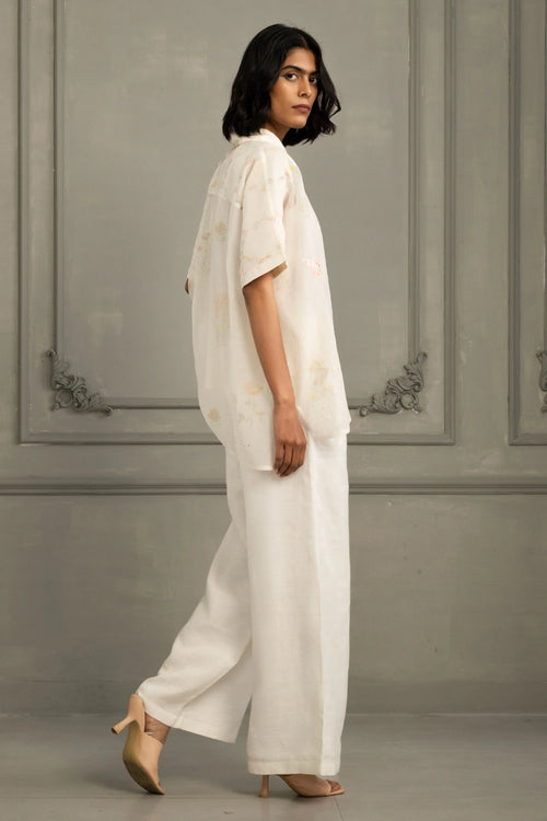 Ivory Embroidered Mul Chanderi Shirt And Linen Pants Ensemble