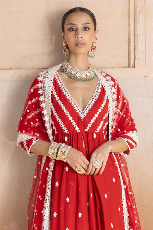 Red Three Line Embroidered Kurta with Lehenga and Dupatta