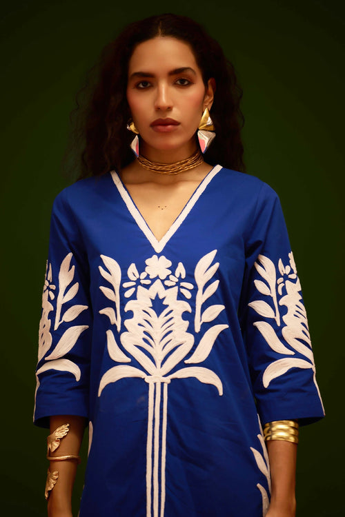 Blue Shift Dress with Ivory Tulip Thread Embroidery