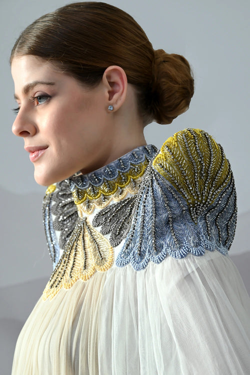 Ivory Dress Featuring Hand-Embroidered High Neck