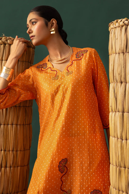 Orange Bandhani Aari Suit Set