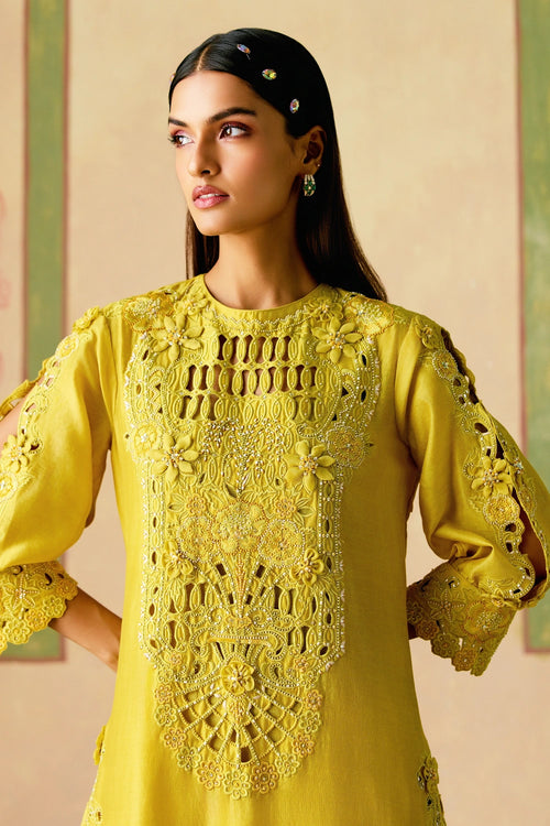 Yellow Cutwork and 3D Floral Kurta with Cutwork Pants