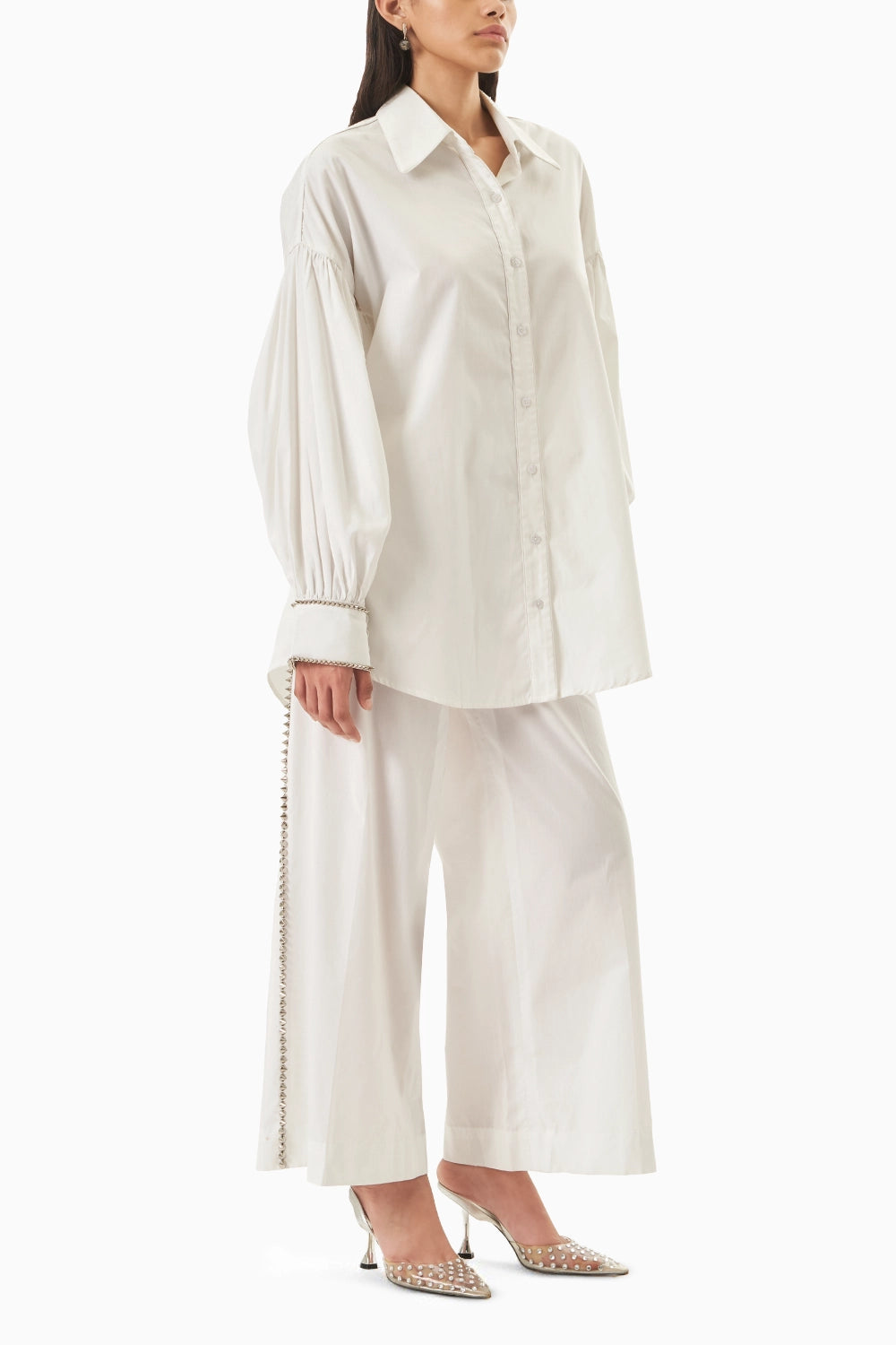 White Cotton Embellished Balloon Sleeve Shirt with Pants