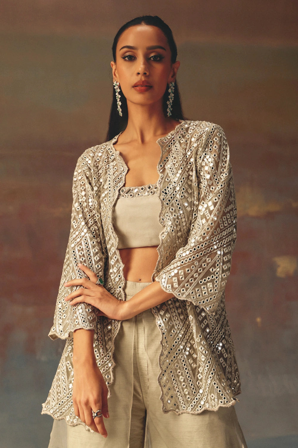 Silver Classic Scallop Jacket with Bandeau and Double Layered Palazzos