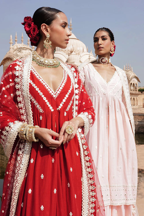 Red Three Line Embroidered Kurta with Lehenga and Dupatta
