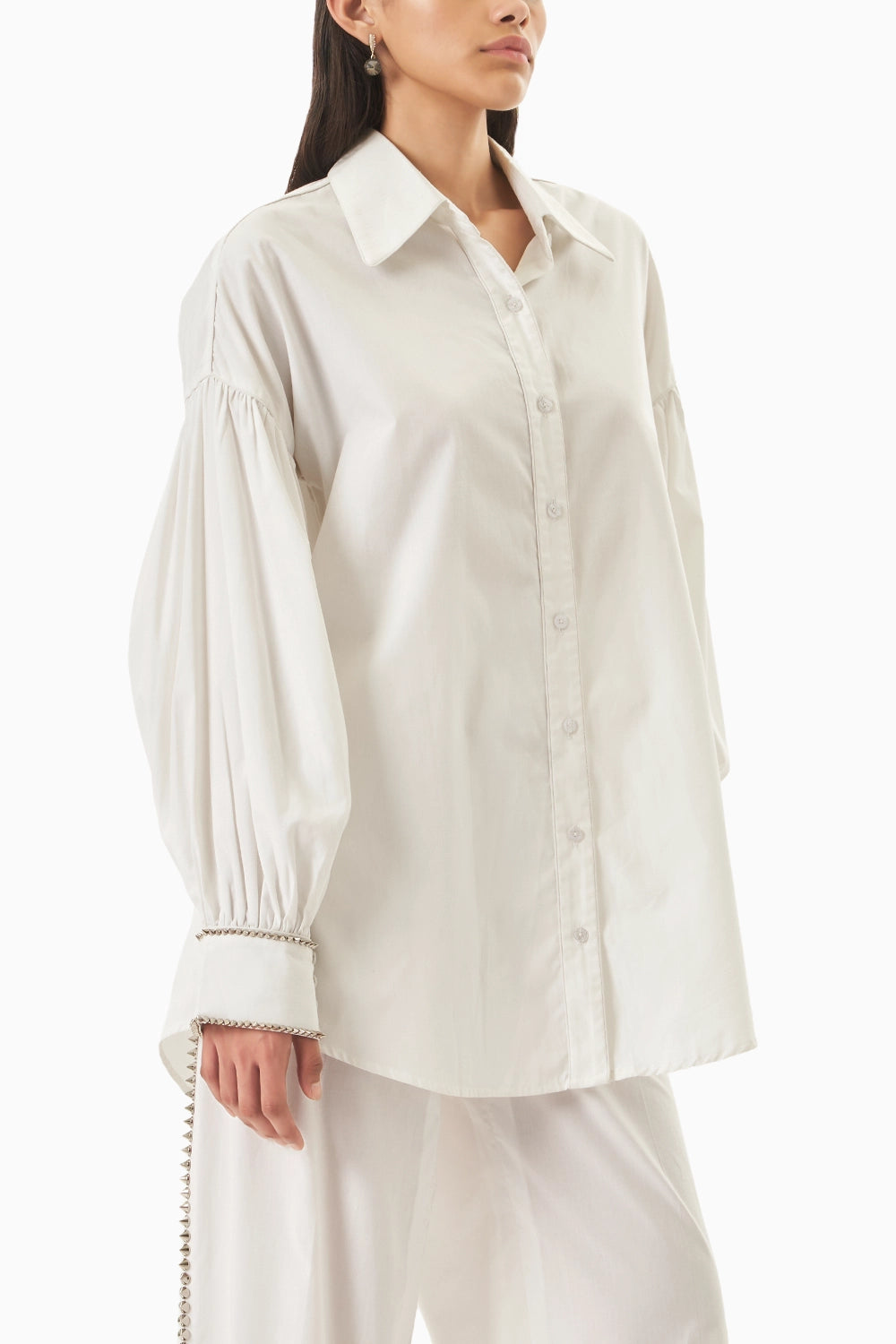 White Cotton Embellished Balloon Sleeve Shirt