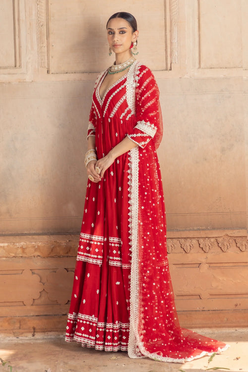 Red Three Line Embroidered Kurta with Lehenga and Dupatta