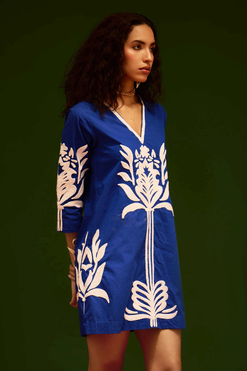Blue Shift Dress with Ivory Tulip Thread Embroidery