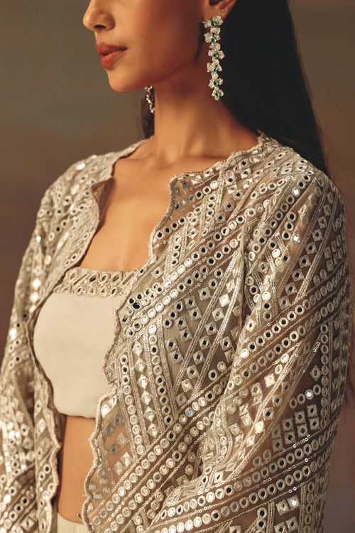 Silver Classic Scallop Jacket with Bandeau and Double Layered Palazzos
