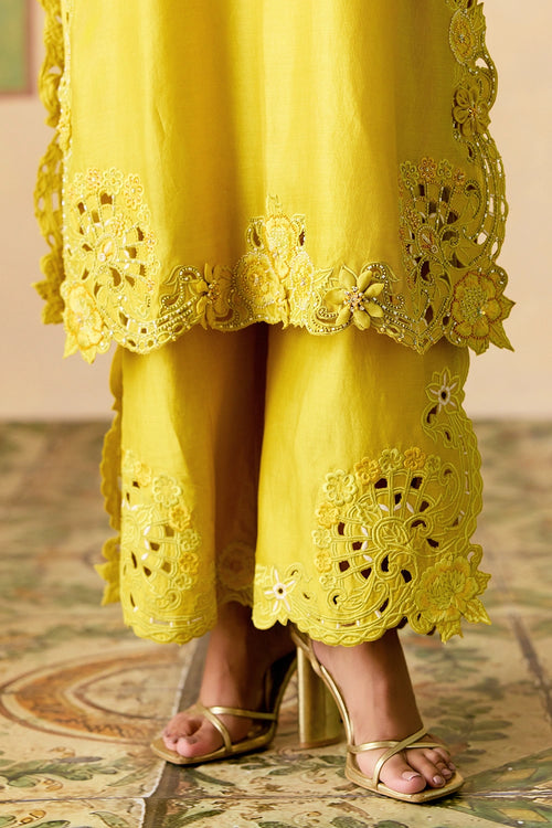Yellow Cutwork and 3D Floral Kurta Set with Dupatta