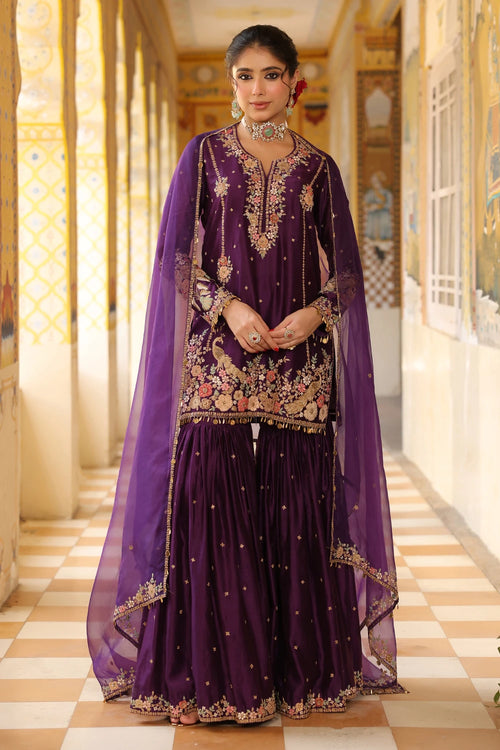Ahista Purple Mayur Applique Heavy Sharara Set
