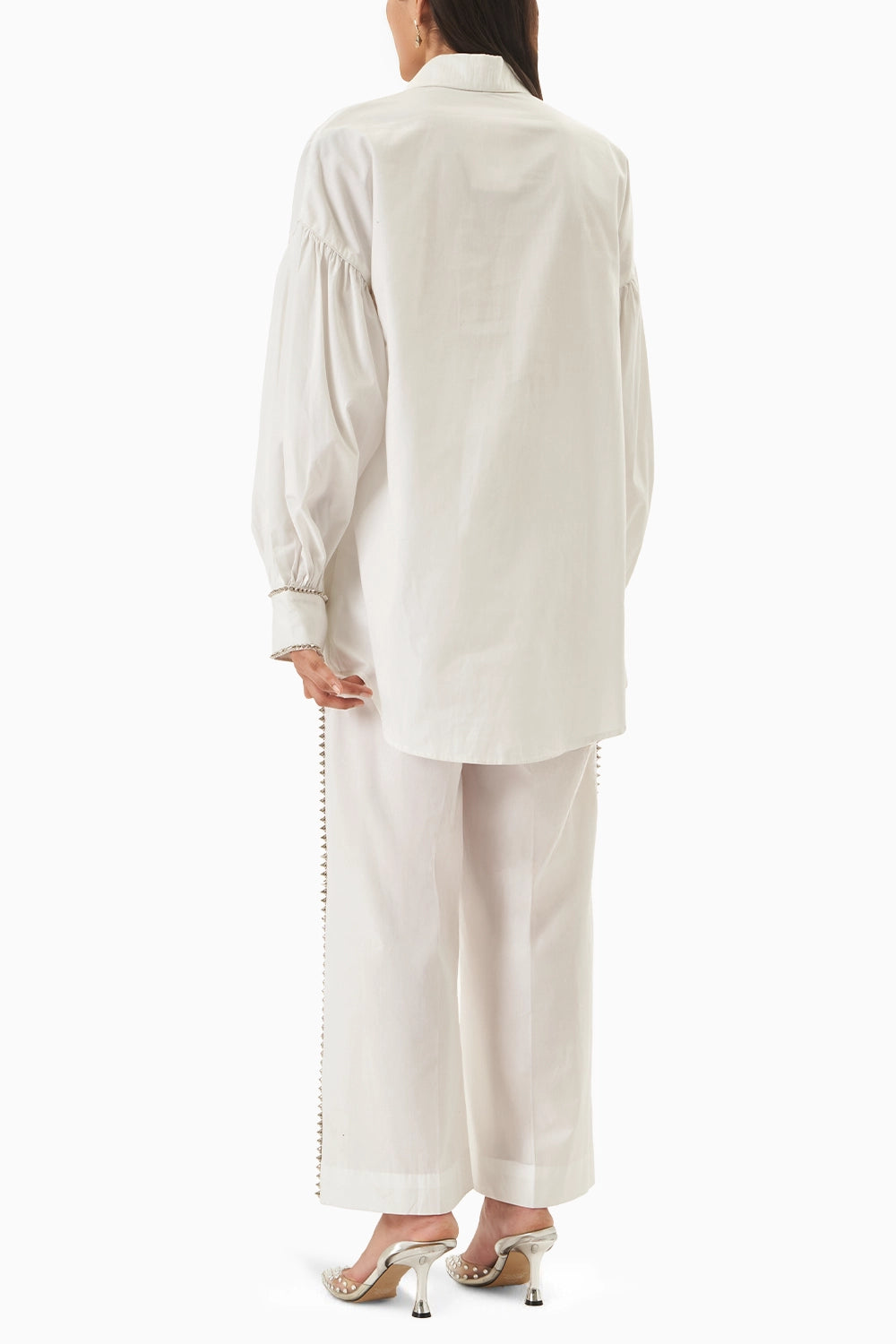 White Cotton Embellished Balloon Sleeve Shirt with Pants