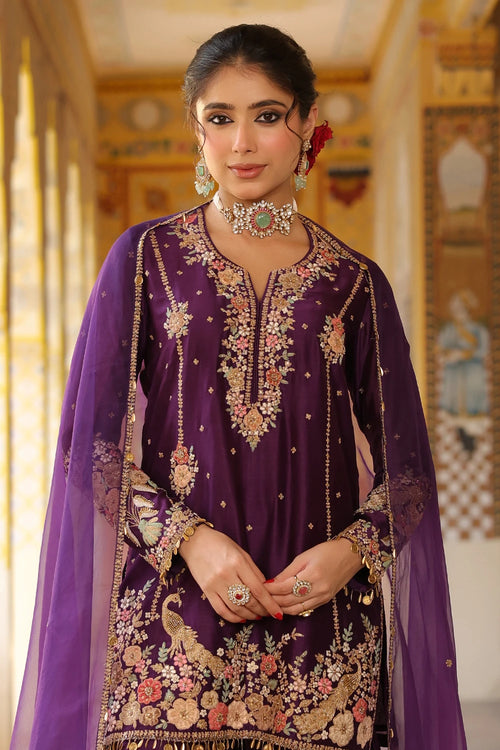 Ahista Purple Mayur Applique Heavy Sharara Set