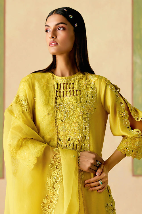 Yellow Cutwork and 3D Floral Kurta Set with Dupatta