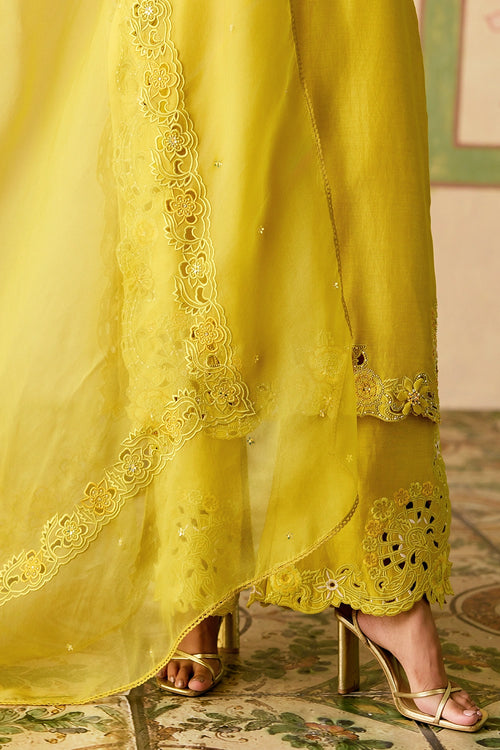 Yellow Cutwork and 3D Floral Kurta Set with Dupatta