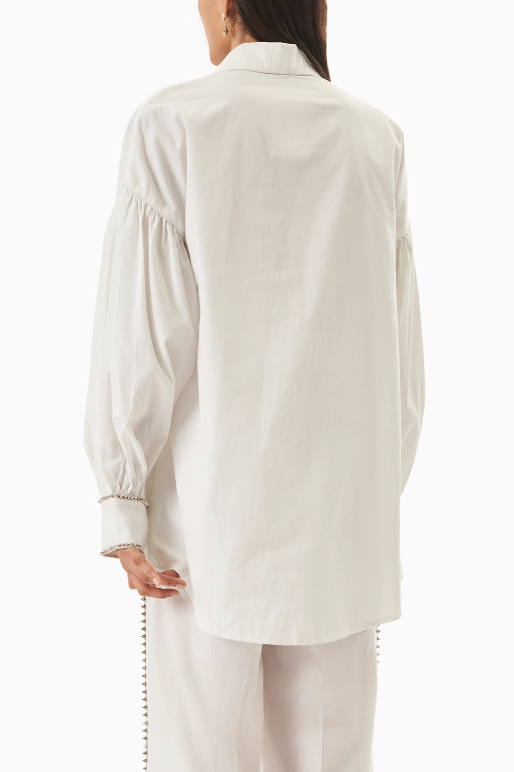 White Cotton Embellished Balloon Sleeve Shirt