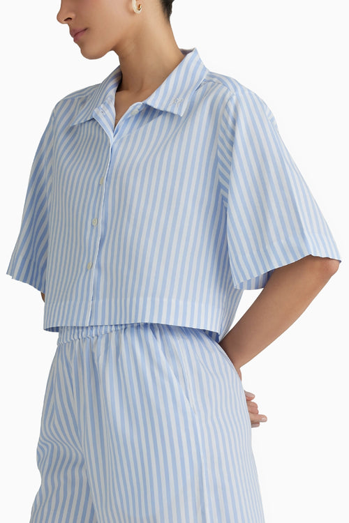Blue Striped Cropped Bowling Shirt