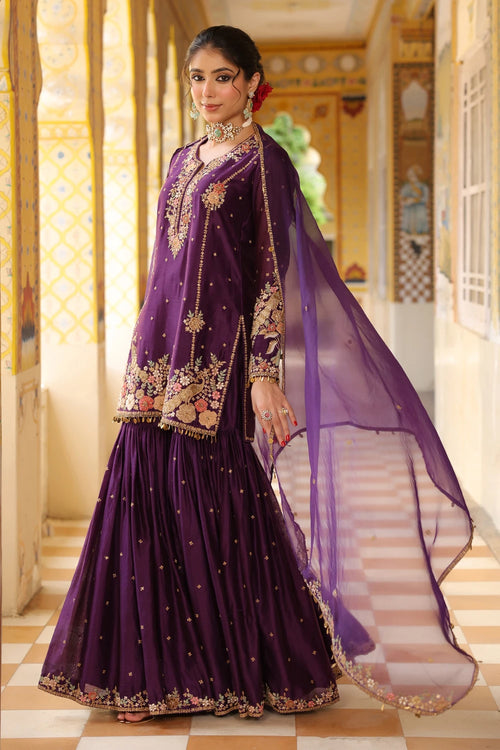 Ahista Purple Mayur Applique Heavy Sharara Set