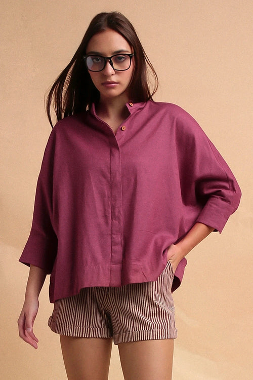 Mauve Oversized Ret Shirt And Beige Striped PL Shorts Set