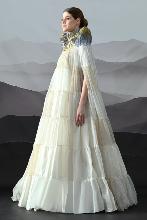 Ivory Dress Featuring Hand-Embroidered High Neck