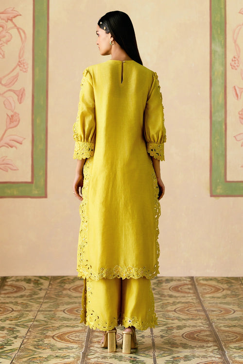 Yellow Cutwork and 3D Floral Kurta Set with Dupatta