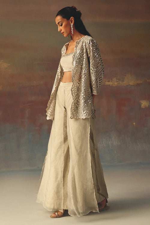 Silver Classic Scallop Jacket with Bandeau and Double Layered Palazzos