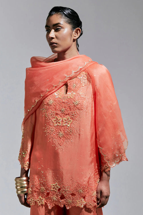 Vermilion Scalloped Organza Dupatta