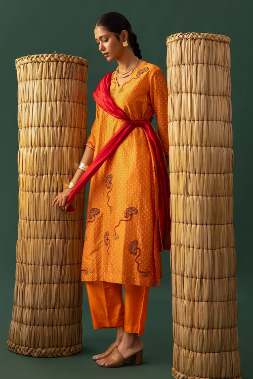 Orange Bandhani Aari Suit Set
