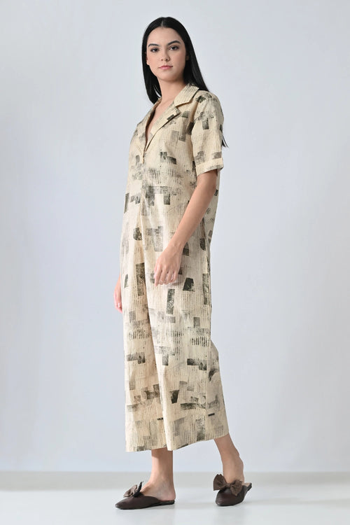 Beige Printed Relaxed Fit Jumpsuit