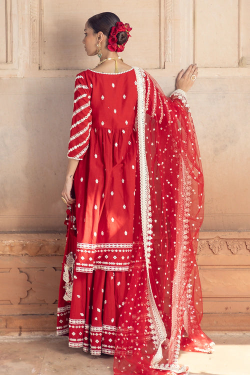 Red Three Line Embroidered Kurta with Lehenga and Dupatta