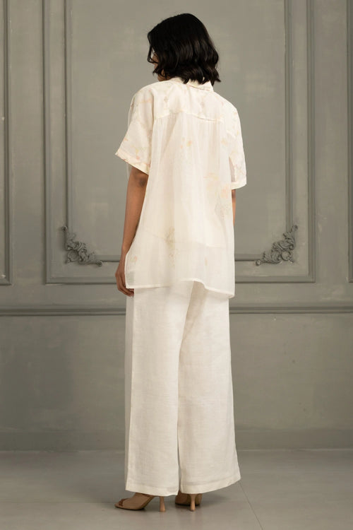 Ivory Embroidered Mul Chanderi Shirt And Linen Pants Ensemble