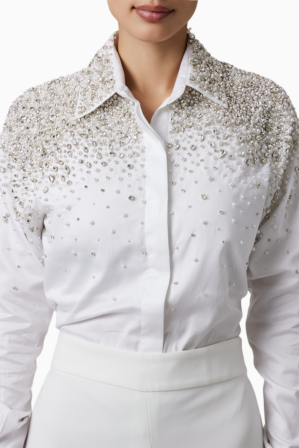 White Heavy Encrusted Pearl Swarovski Shirt