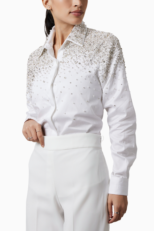 White Heavy Encrusted Pearl Swarovski Shirt