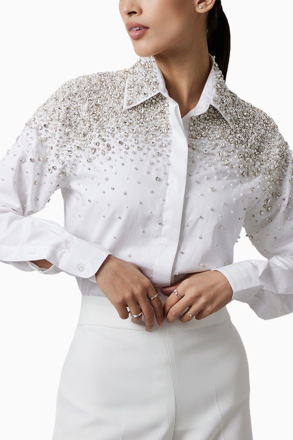 White Heavy Encrusted Pearl Swarovski Shirt