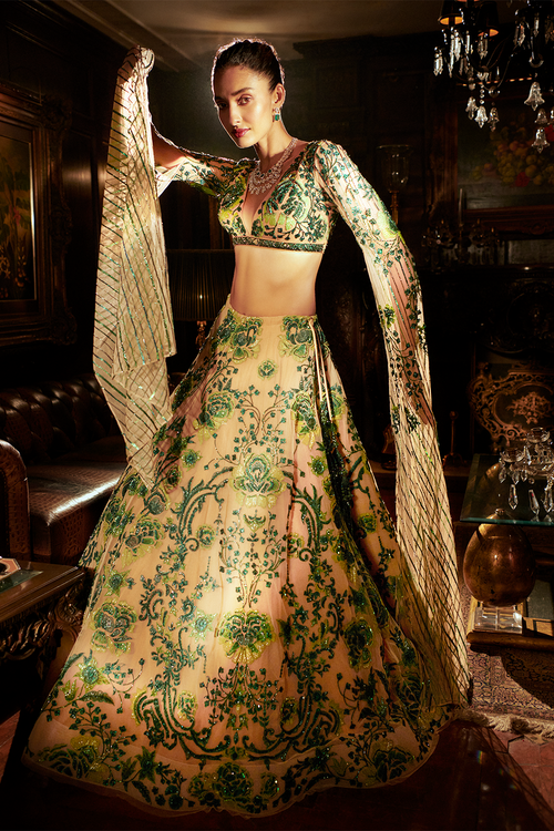 Emerald Green and Nude Lehenga Set