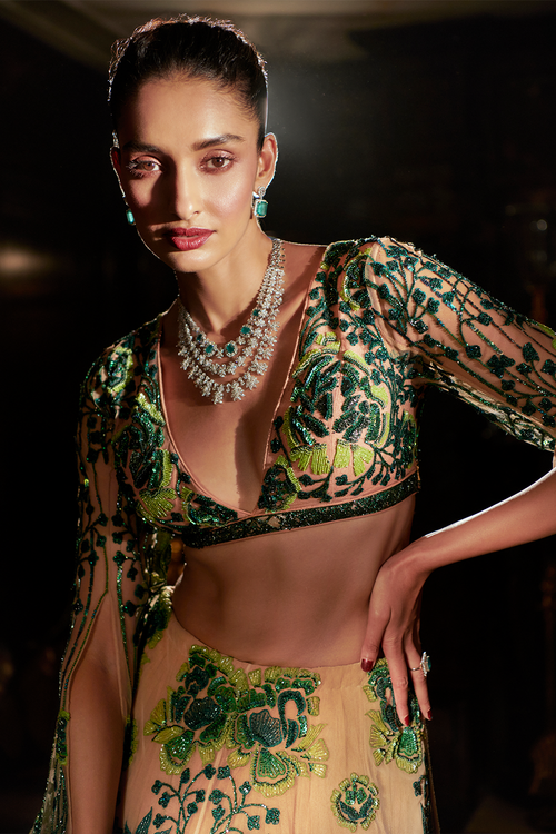 Emerald Green and Nude Lehenga Set