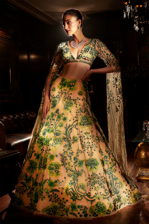 Emerald Green and Nude Lehenga Set