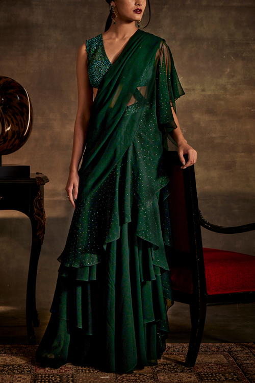 Emerald Green Drape Saree with attached Blouse