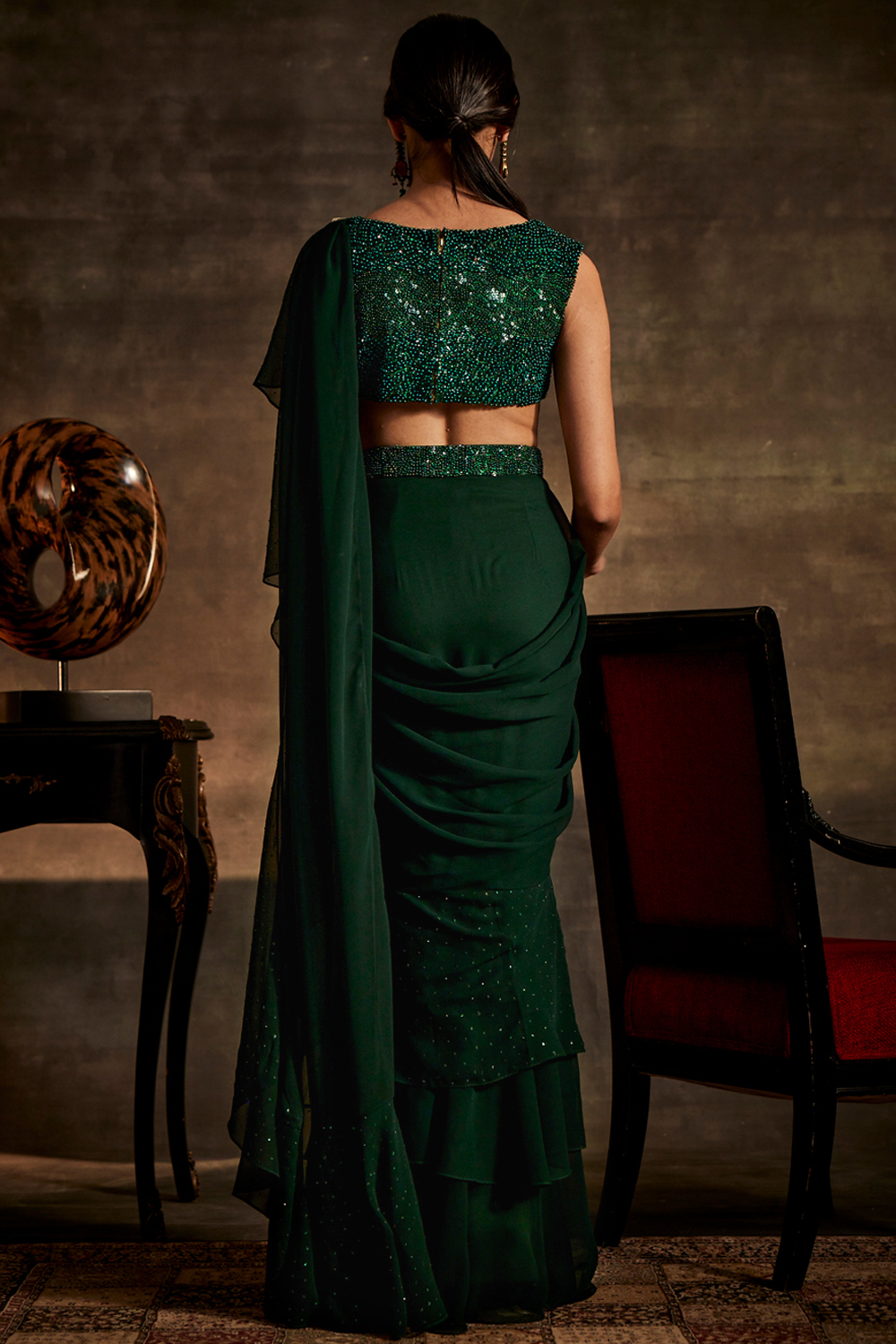 Emerald Green Drape Saree with attached Blouse