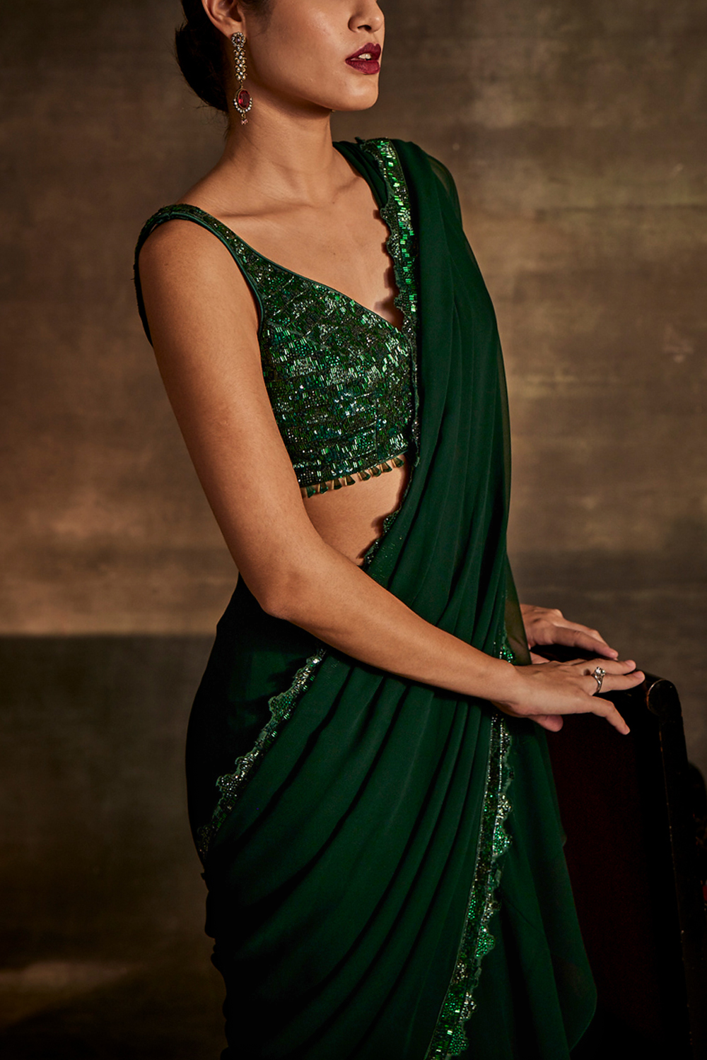 Emerald Green Drape Saree with Blouse
