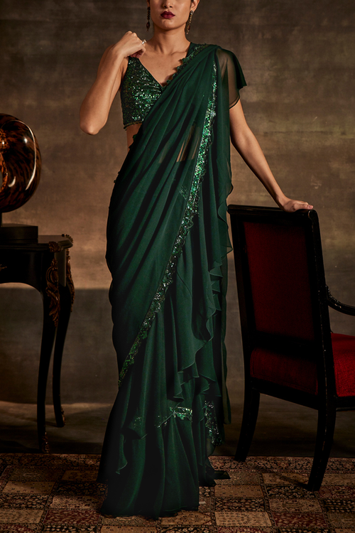 Emerald Green Drape Saree with Blouse