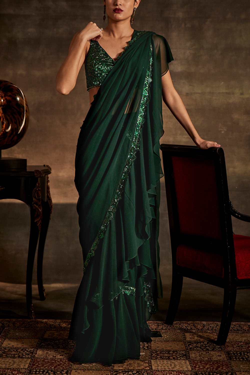 Emerald Green Drape Saree with Blouse