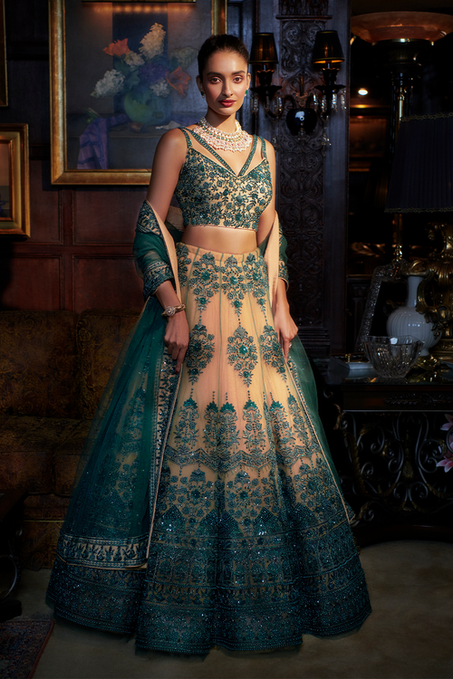 Emerald Green and Nude Floral Lehenga Set