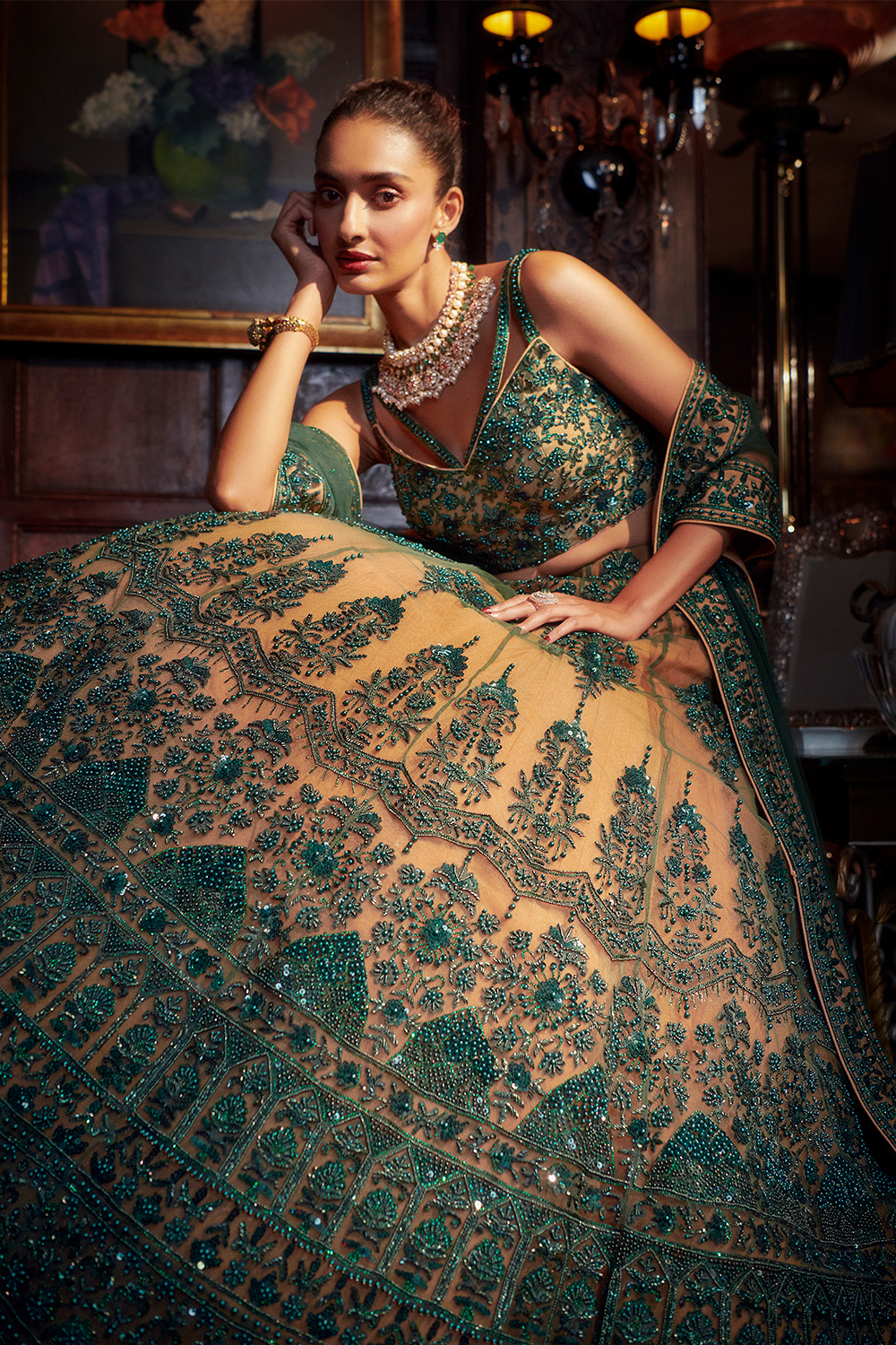 Emerald Green and Nude Floral Lehenga Set