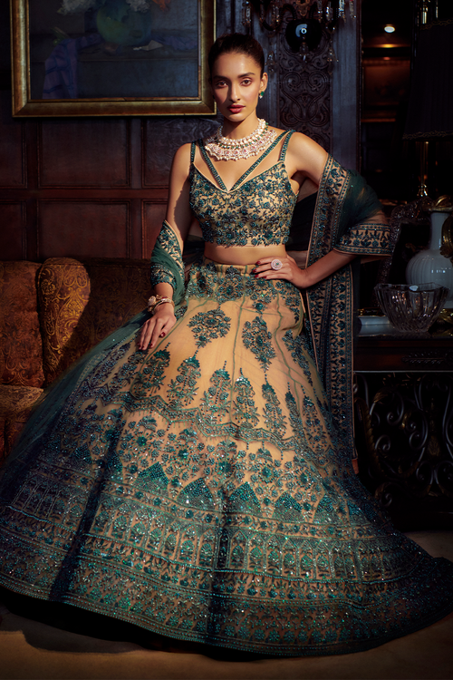 Emerald Green and Nude Floral Lehenga Set