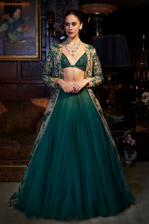 Emerald Green and Nude Lehenga with Jacket