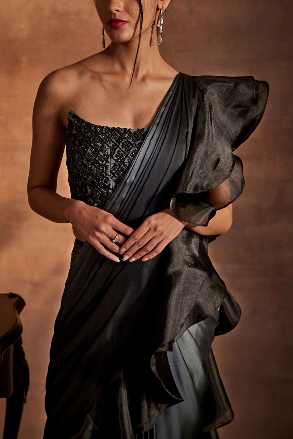 Embellished Black and Grey Drape Saree with Blouse