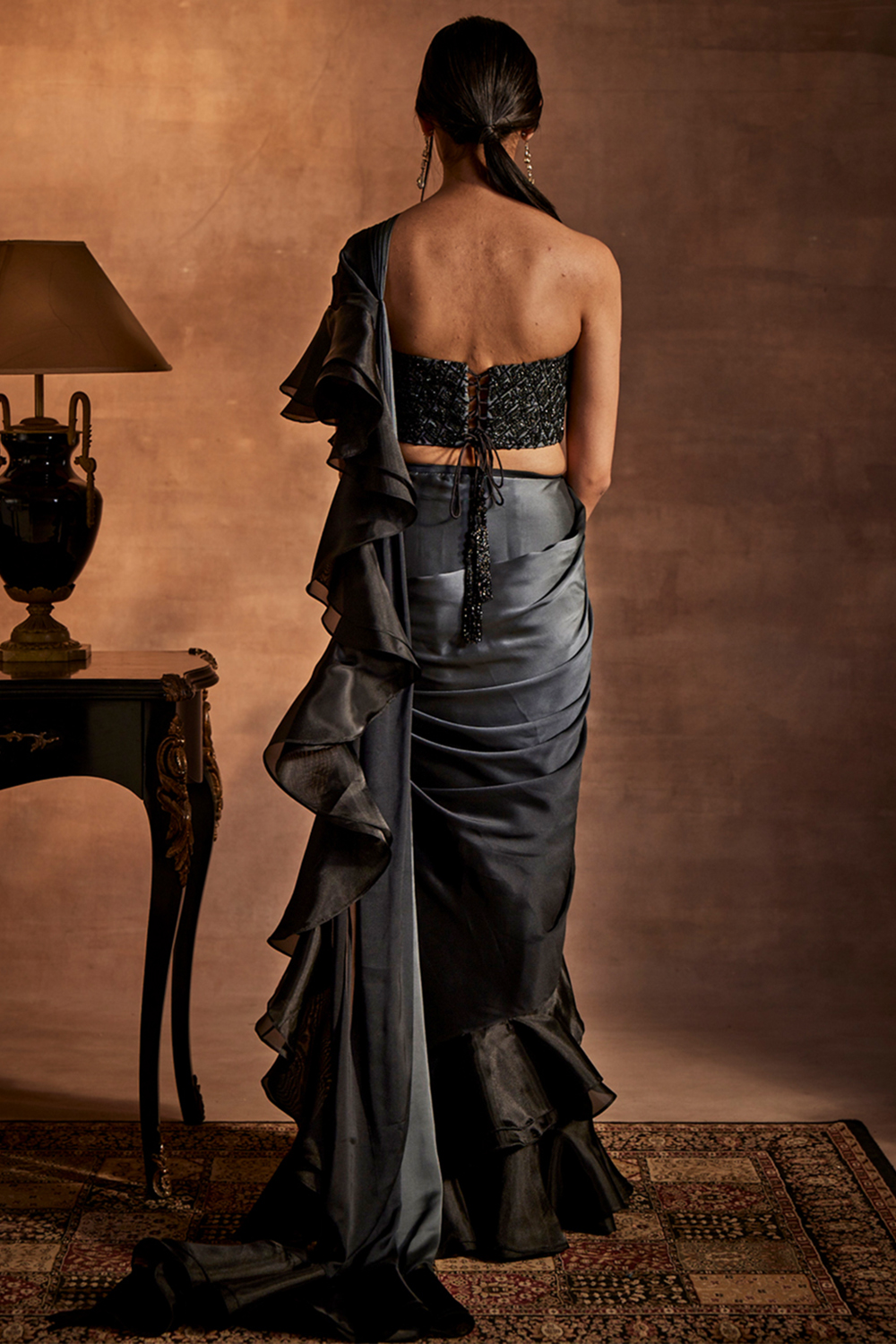 Embellished Black and Grey Drape Saree with Blouse