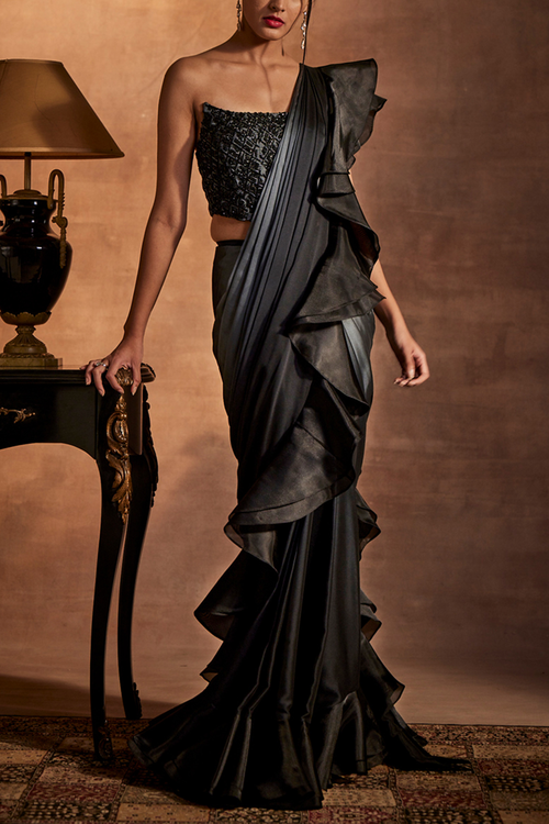 Embellished Black and Grey Drape Saree with Blouse